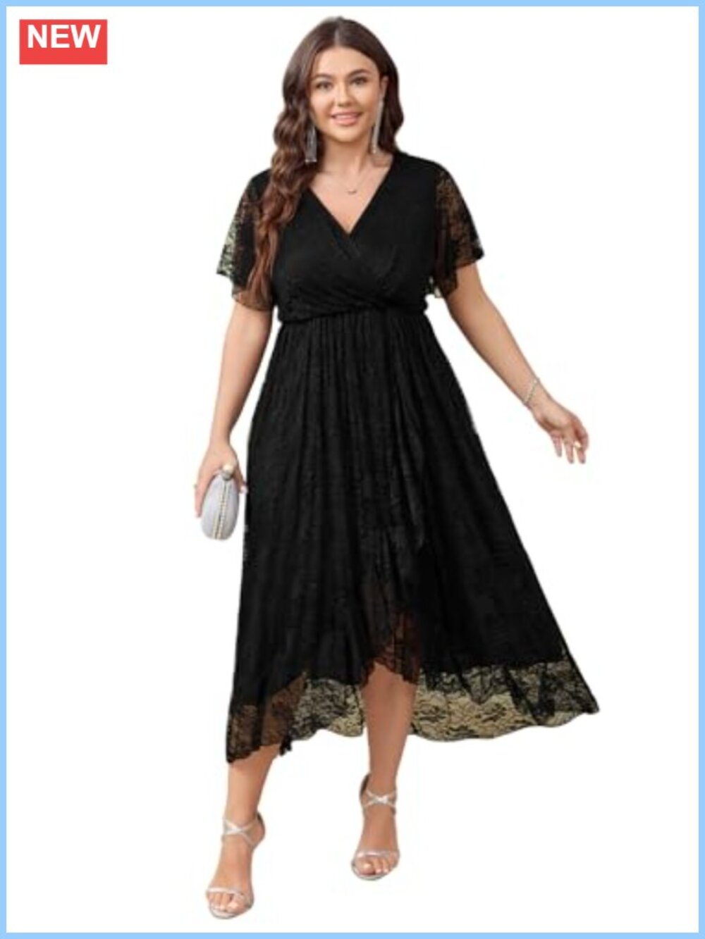 Plus Size Lace High Low Maxi Dress Ruffle Sleeve V-Neck Formal